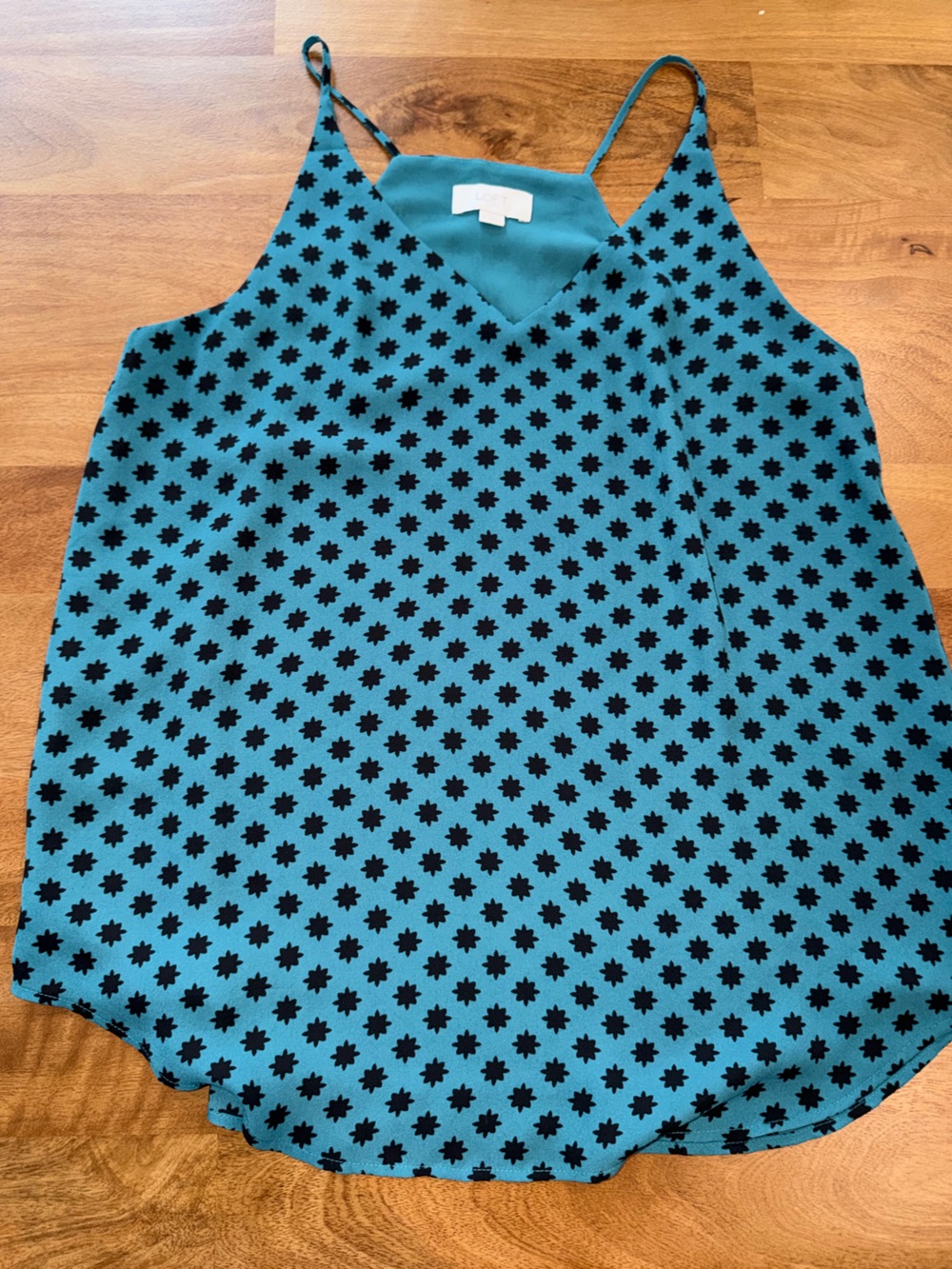 LOFT Teal Spaghetti Steal Top with Black Starburst Pattern Women’s Size Small